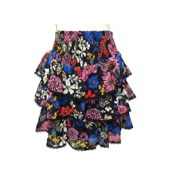 Spring & Mercer Black Multi Floral Tiered Mini Skirt Smocked Waist Sz S Fairy - Picture 4 of 9